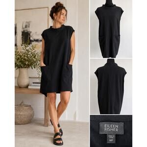 Eileen Fisher Shift Dress Organic Cotton SZMP Black Front Pockets Minimalist